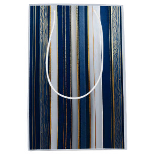 Christmas Blues Stripes Blue White Gold Medium Gift Bag