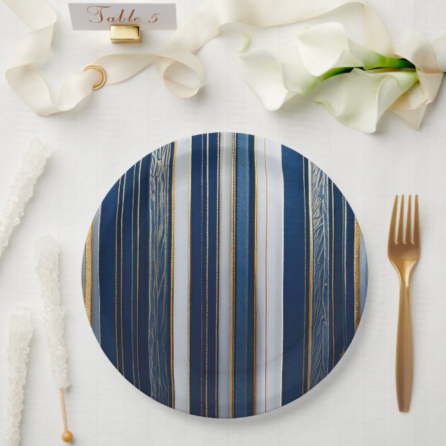 Christmas Blues Stripes Blue White Gold Paper Plate (Wedding)