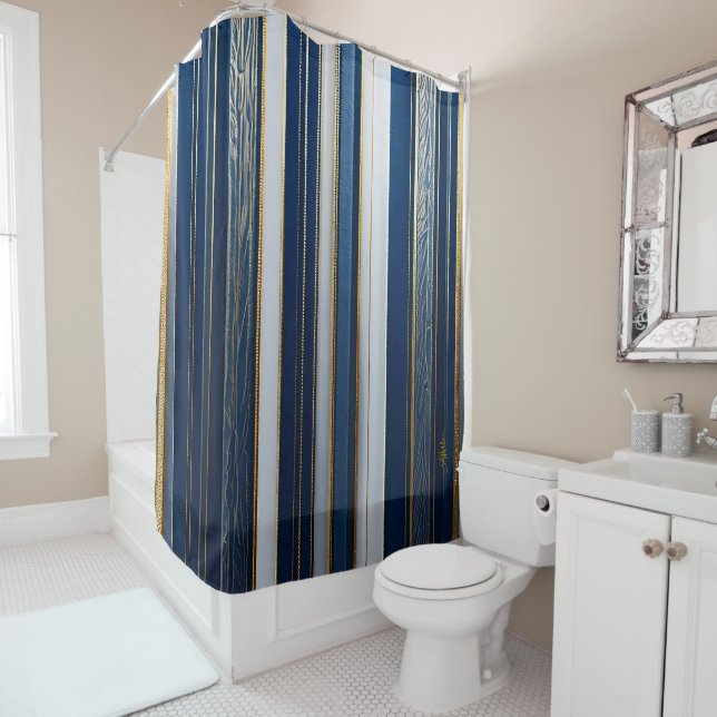 Christmas Blues Stripes Blue White Gold Shower Curtain (In Situ)