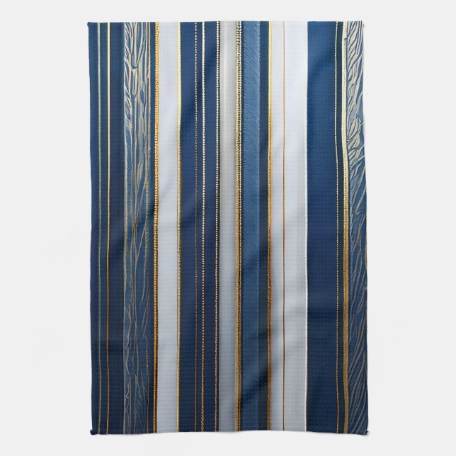 Christmas Blues Stripes Blue White Gold Tea Towel (Vertical)