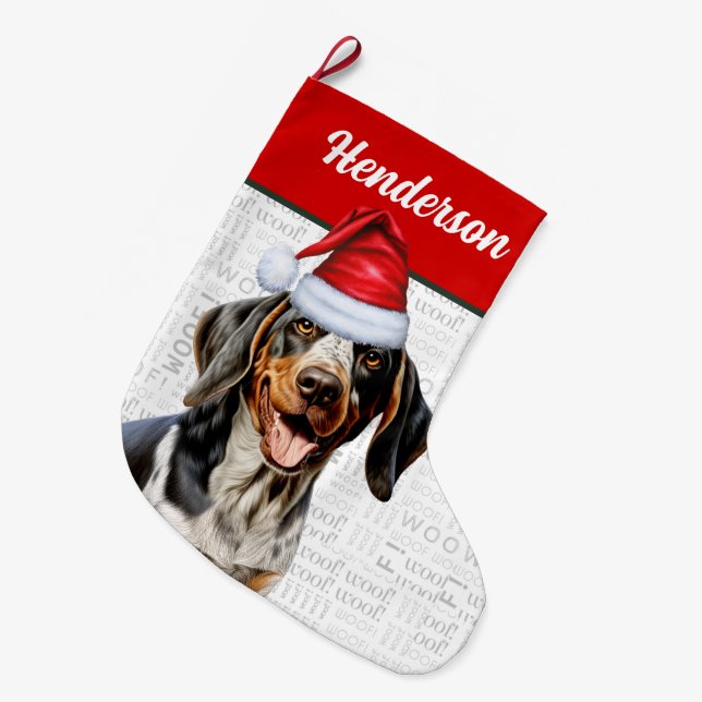 Christmas Bluetick Coonhound Name Woof Background Large Christmas Stocking (Front (Hanging))