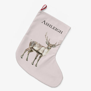 Christmas Blush Cream Pink Rustic Deer Name Large Christmas Stocking