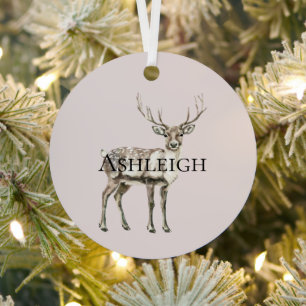 Christmas Blush Cream Pink Rustic Deer Name Metal Tree Decoration
