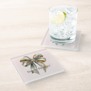 Christmas Blush Pink Rustic Green Gold Bow  Glass Coaster