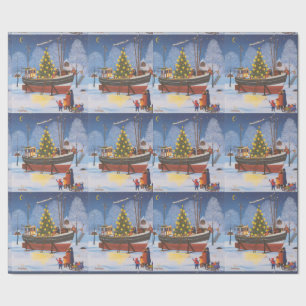 Christmas boat in snow wrapping paper