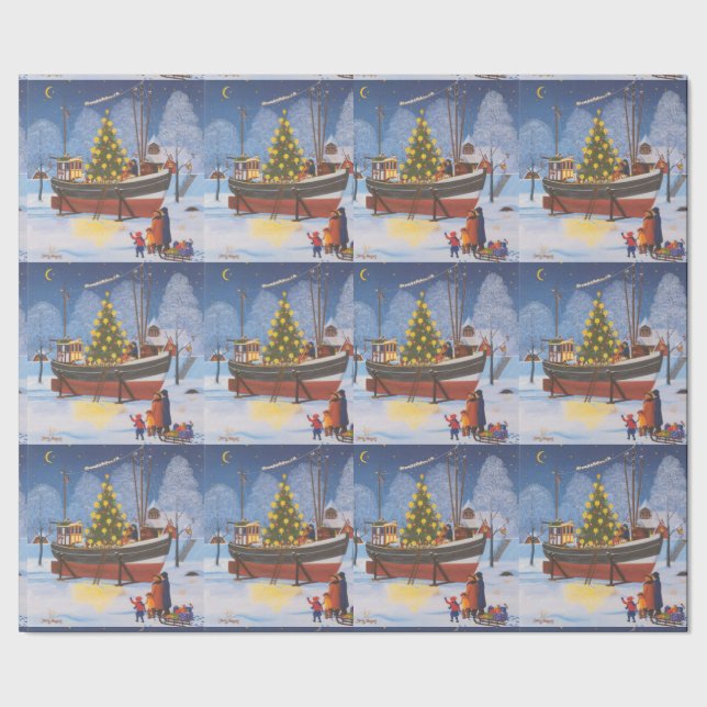 Christmas boat in snow wrapping paper (Seam)