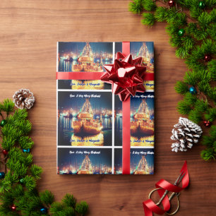 Christmas Boat With Golden  Lights Wrapping Paper