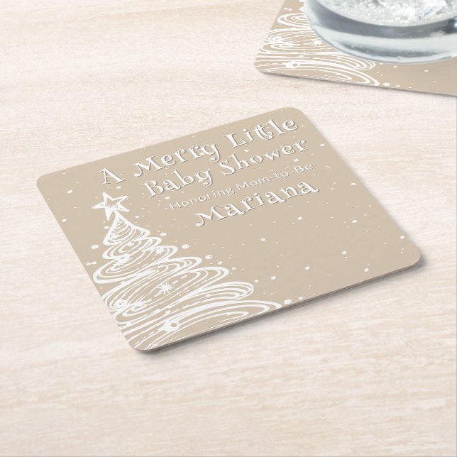 Christmas Boho Beige Neutral Baby Shower Square Paper Coaster (Angled)