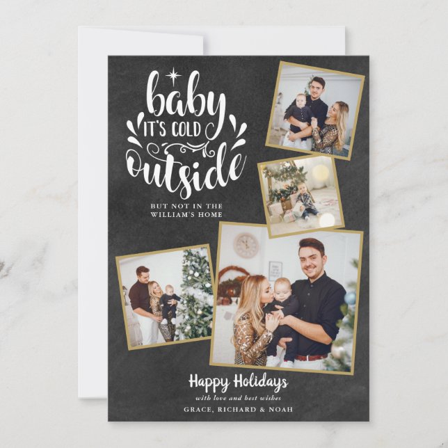 Christmas Boho Chalkboard 4 Photo Collage Holiday Card (Front)