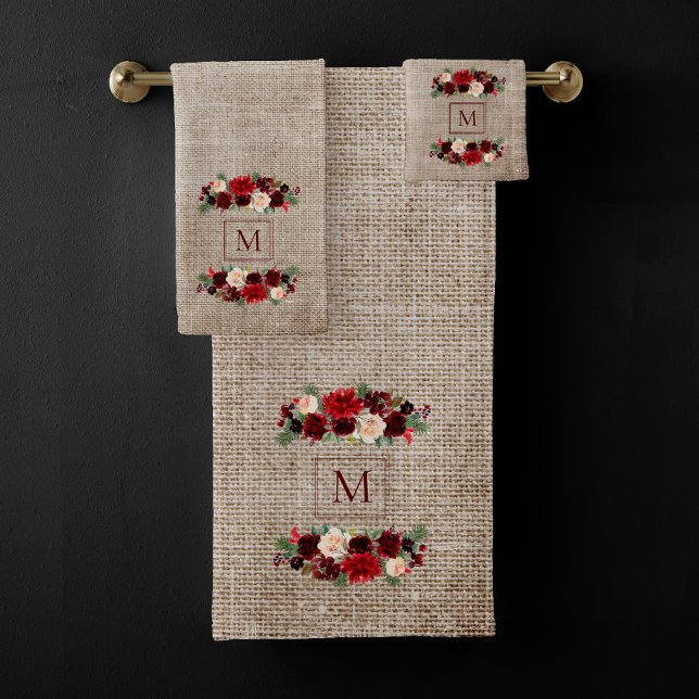 Christmas Boho Chic Floral Branch Burlap Monogram Bath Towel Set (Creator Uploaded)