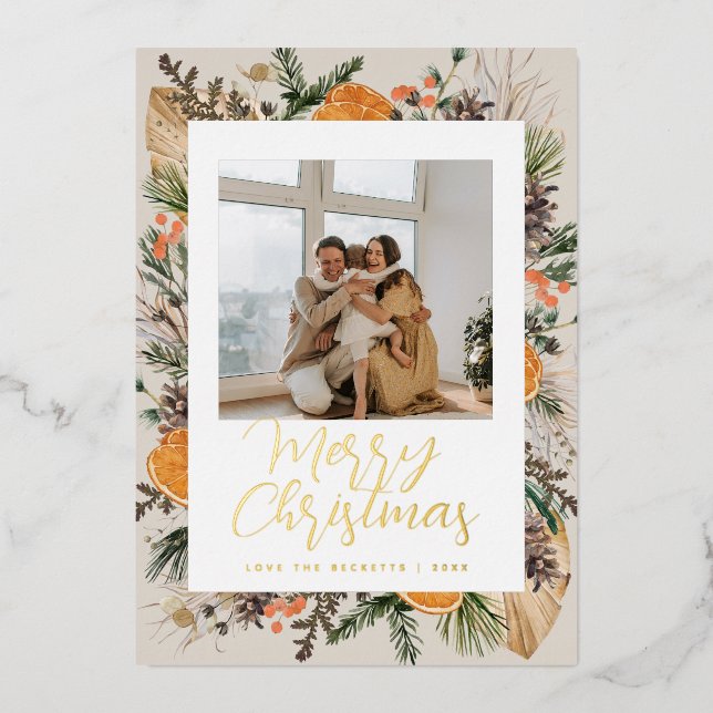 Christmas Boho Dried Botanical Family Photo Foil Holiday Card (Front)