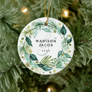 Christmas Boho Greenery Wreath Names Couple Photo Ceramic Tree Decoration