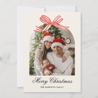 Christmas Boho Red Bow Ribbon 2 Photo Holiday Card