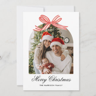  Christmas Boho Red Bow Ribbon 2 Photo Holiday Card