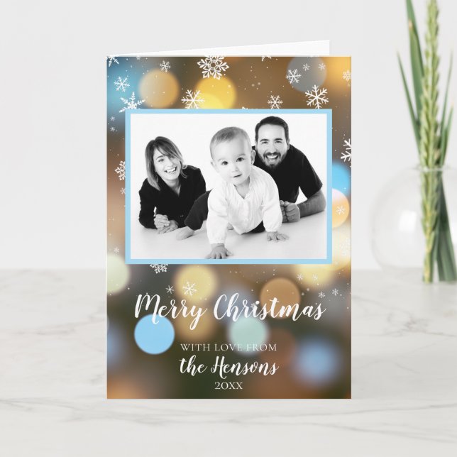Christmas Bokeh Lights Personalizable Family Photo Card (Front)