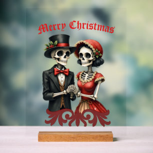 Christmas Bone Romance, A festive skeleton couple. Acrylic Sign