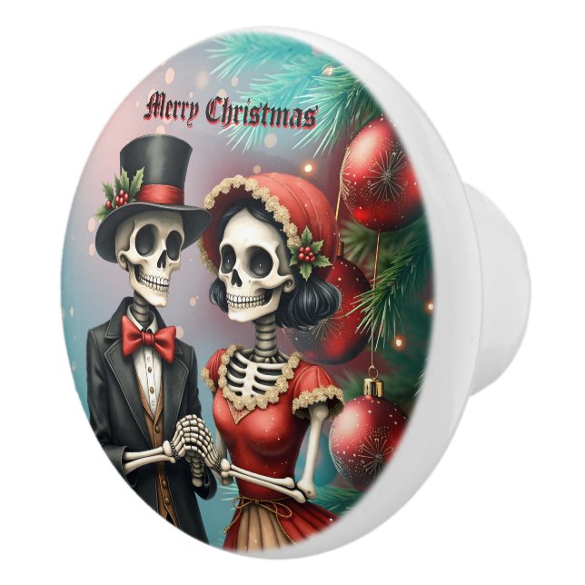 Christmas Bone Romance, A festive skeleton couple. Ceramic Knob (Right)