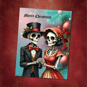 Christmas Bone Romance, A festive skeleton couple. Holiday Postcard