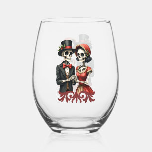 Christmas Bone Romance, A festive skeleton couple. Stemless Wine Glass