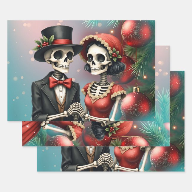 Christmas Bone Romance, A festive skeleton couple. Wrapping Paper Sheet (Set)