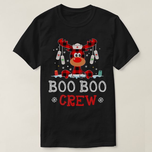 Christmas Boo Boo Crew Reindeer Nurse Buffalo Plai T-Shirt (Design Front)