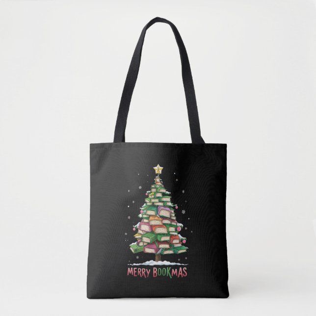 Christmas Book Lover Tree Librarian Merry Bookmas  Tote Bag (Front)