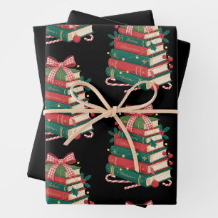 Christmas Book Stack Holly Bow Ribbon Reading Xmas Wrapping Paper Sheet