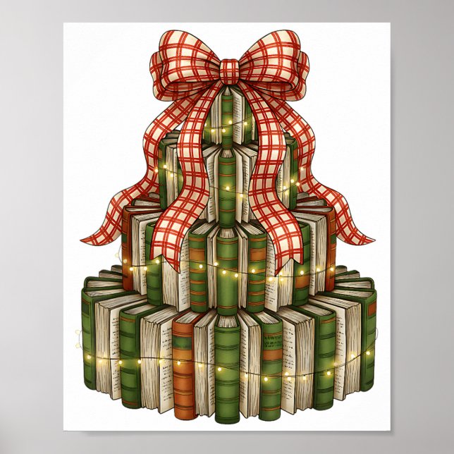 Christmas Book Tree Coquette Bow Xmas Lights Book  Poster (Front)