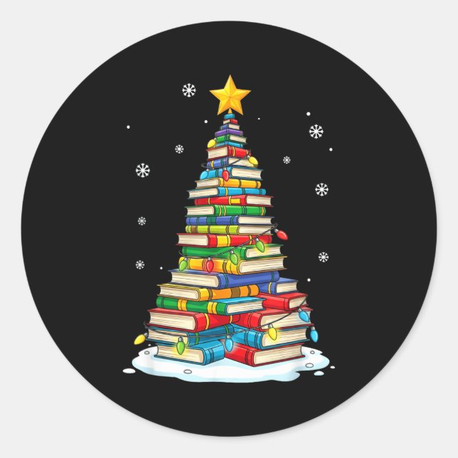 Christmas Book Tree Funny Librarians Books Lover  Classic Round Sticker (Front)