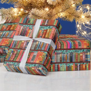 Christmas bookshelf, holly, antique books wrapping wrapping paper