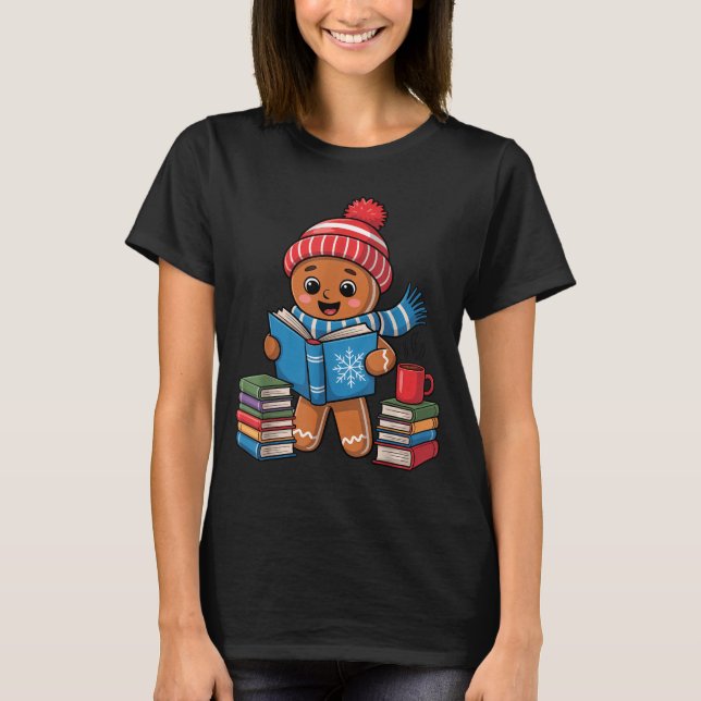 Christmas Bookworm Gingerbread Reading Books Funny T-Shirt (Front)
