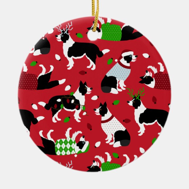 Christmas Border Collie Ceramic Tree Decoration (Front)