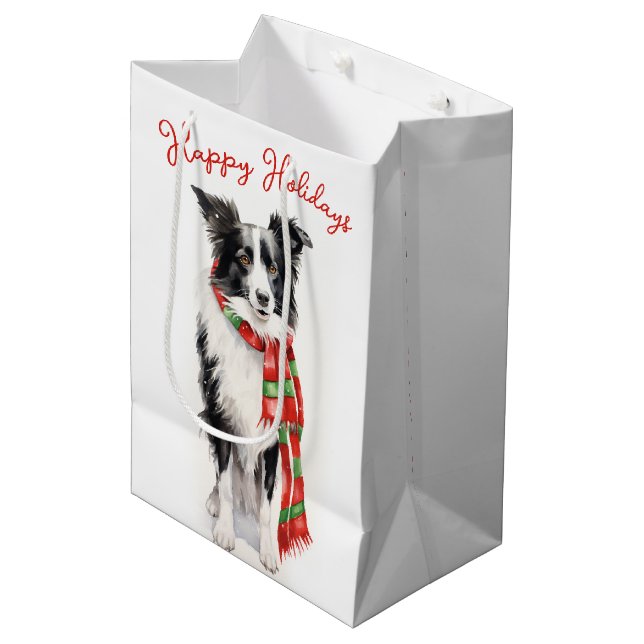 Christmas Border Collie Dog Medium Gift Bag (Front Angled)