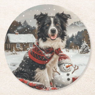 Christmas Border Collie Dog Snowman Round Paper Coaster