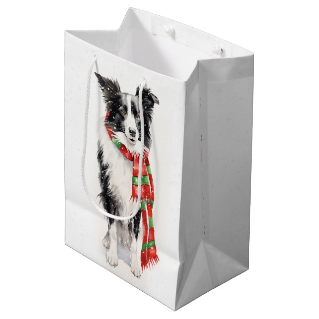 Christmas Border Collie In Snowflakes Medium Gift Bag (Front Angled)