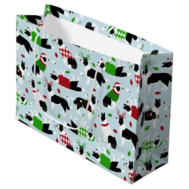 Christmas Border Collie Large Gift Bag (Front Angled)