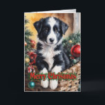 Christmas Border Collie puppy in a basket  Holiday Card<br><div class="desc">AI generated and adobe finished. Christmas holiday card. Cute adorable Christmas Border Collie puppy in a basket holiday card. Text is fully customisable. You can also upload a personal photo to the inside left side of the card. Affordable Downloadable e card. You can contact me if you have a specific...</div>