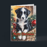 Christmas Border Collie puppy in a basket  Holiday Card<br><div class="desc">AI generated and adobe finished. Christmas holiday card. Cute adorable Christmas Border Collie puppy in a basket holiday card. Text is fully customisable. You can also upload a personal photo to the inside left side of the card. Affordable Downloadable e card. You can contact me if you have a specific...</div>