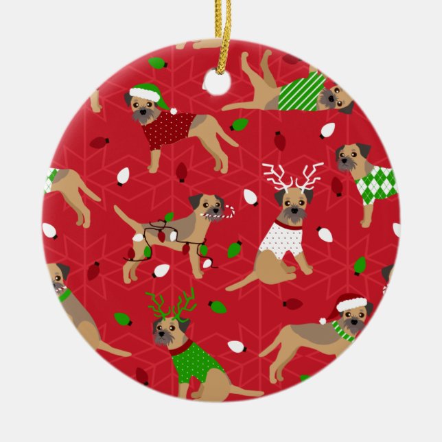 Christmas Border Terrier Ceramic Tree Decoration (Front)