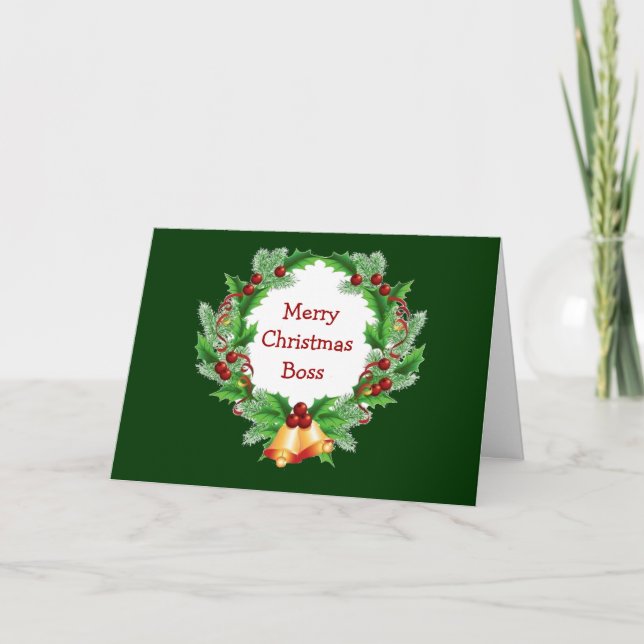 Christmas Boss Holly Berry Wreath Holiday Card (Front)