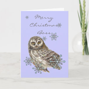 Christmas Boss Snow & Cute Owl Watercolor Bird Holiday Card