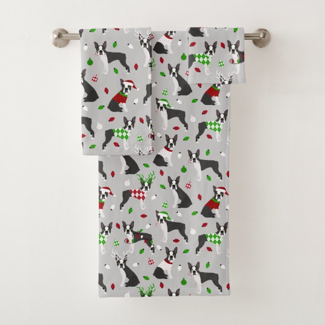 Christmas Boston Terrier Bath Towel Set (Insitu)