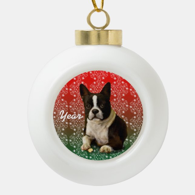 Christmas Boston Terrier Ceramic Ball Christmas Ornament (Front)