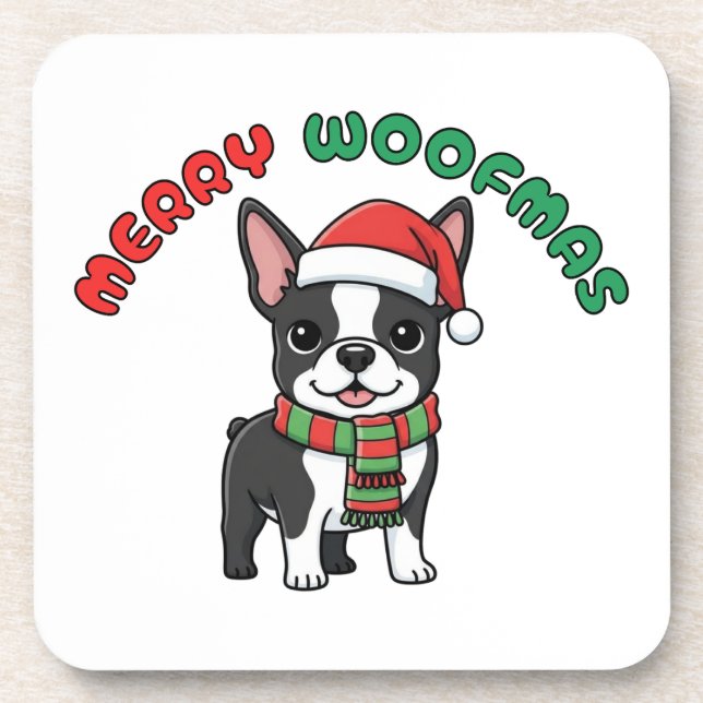 Christmas Boston Terrier Coaster: Merry Woofmas Coaster (Front)