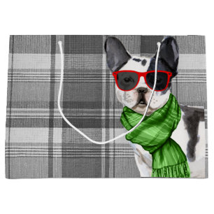 Christmas Boston Terrier Dog and Plaid Large Gift Bag