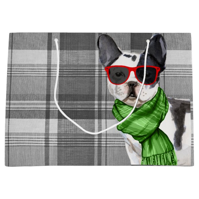 Christmas Boston Terrier Dog and Plaid Large Gift Bag (Front)