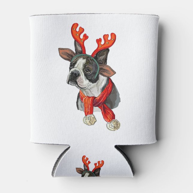 Christmas Boston terrier dog Can Cooler (Front)