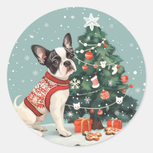 Christmas Boston Terrier Dog Classic Round Sticker
