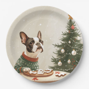 Christmas Boston Terrier Dog Paper Plate