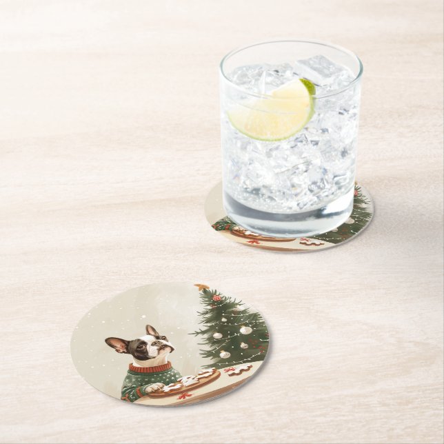 Christmas Boston Terrier Dog Round Paper Coaster (Insitu)